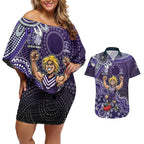 Personalized Freo Football Mascot Couples Matching Off Shoulder Short Dress and Hawaiian Shirt Aboriginal Dot Art Style Vibrant Indigenous Pattern Design
