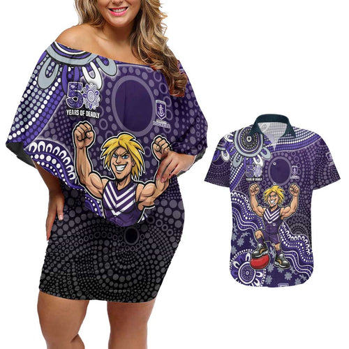 Personalized Freo Football Mascot Couples Matching Off Shoulder Short Dress and Hawaiian Shirt Aboriginal Dot Art Style Vibrant Indigenous Pattern Design