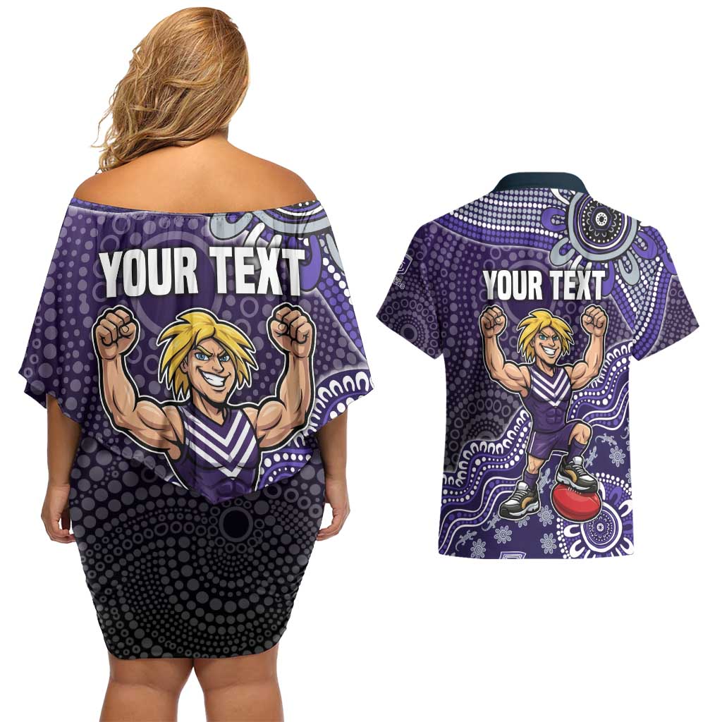 Personalized Freo Football Mascot Couples Matching Off Shoulder Short Dress and Hawaiian Shirt Aboriginal Dot Art Style Vibrant Indigenous Pattern Design