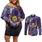 Personalized Freo Football Mascot Couples Matching Off Shoulder Short Dress and Long Sleeve Button Shirt Aboriginal Dot Art Style Vibrant Indigenous Pattern Design