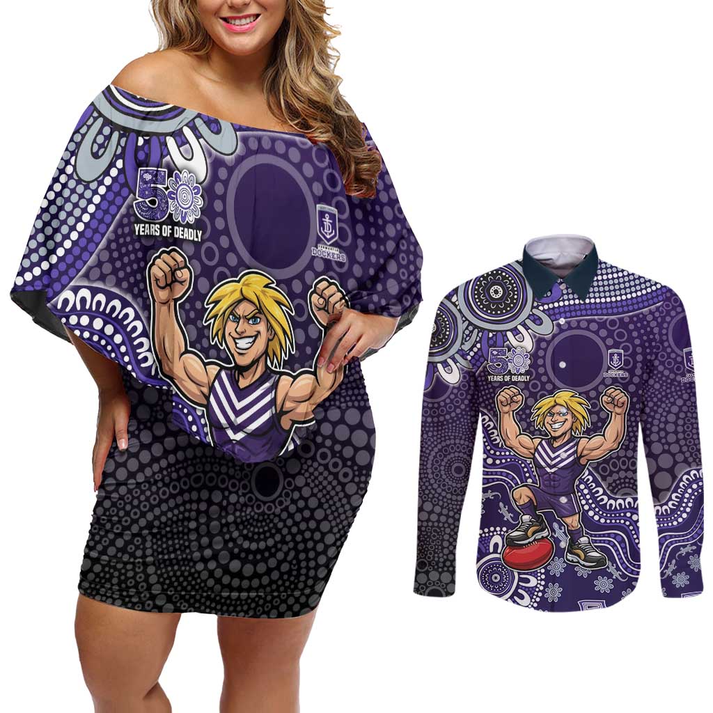 Personalized Freo Football Mascot Couples Matching Off Shoulder Short Dress and Long Sleeve Button Shirt Aboriginal Dot Art Style Vibrant Indigenous Pattern Design