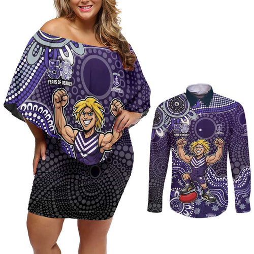 Personalized Freo Football Mascot Couples Matching Off Shoulder Short Dress and Long Sleeve Button Shirt Aboriginal Dot Art Style Vibrant Indigenous Pattern Design