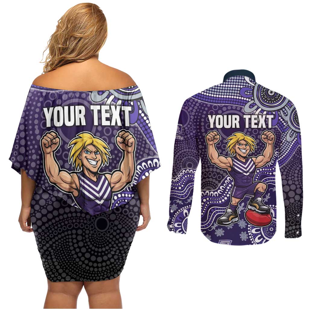 Personalized Freo Football Mascot Couples Matching Off Shoulder Short Dress and Long Sleeve Button Shirt Aboriginal Dot Art Style Vibrant Indigenous Pattern Design