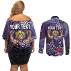 Personalized Freo Football Mascot Couples Matching Off Shoulder Short Dress and Long Sleeve Button Shirt Aboriginal Dot Art Style Vibrant Indigenous Pattern Design