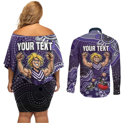 Personalized Freo Football Mascot Couples Matching Off Shoulder Short Dress and Long Sleeve Button Shirt Aboriginal Dot Art Style Vibrant Indigenous Pattern Design