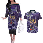 Personalized Freo Football Mascot Couples Matching Off The Shoulder Long Sleeve Dress and Hawaiian Shirt Aboriginal Dot Art Style Vibrant Indigenous Pattern Design
