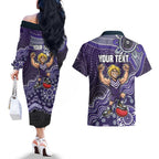 Personalized Freo Football Mascot Couples Matching Off The Shoulder Long Sleeve Dress and Hawaiian Shirt Aboriginal Dot Art Style Vibrant Indigenous Pattern Design