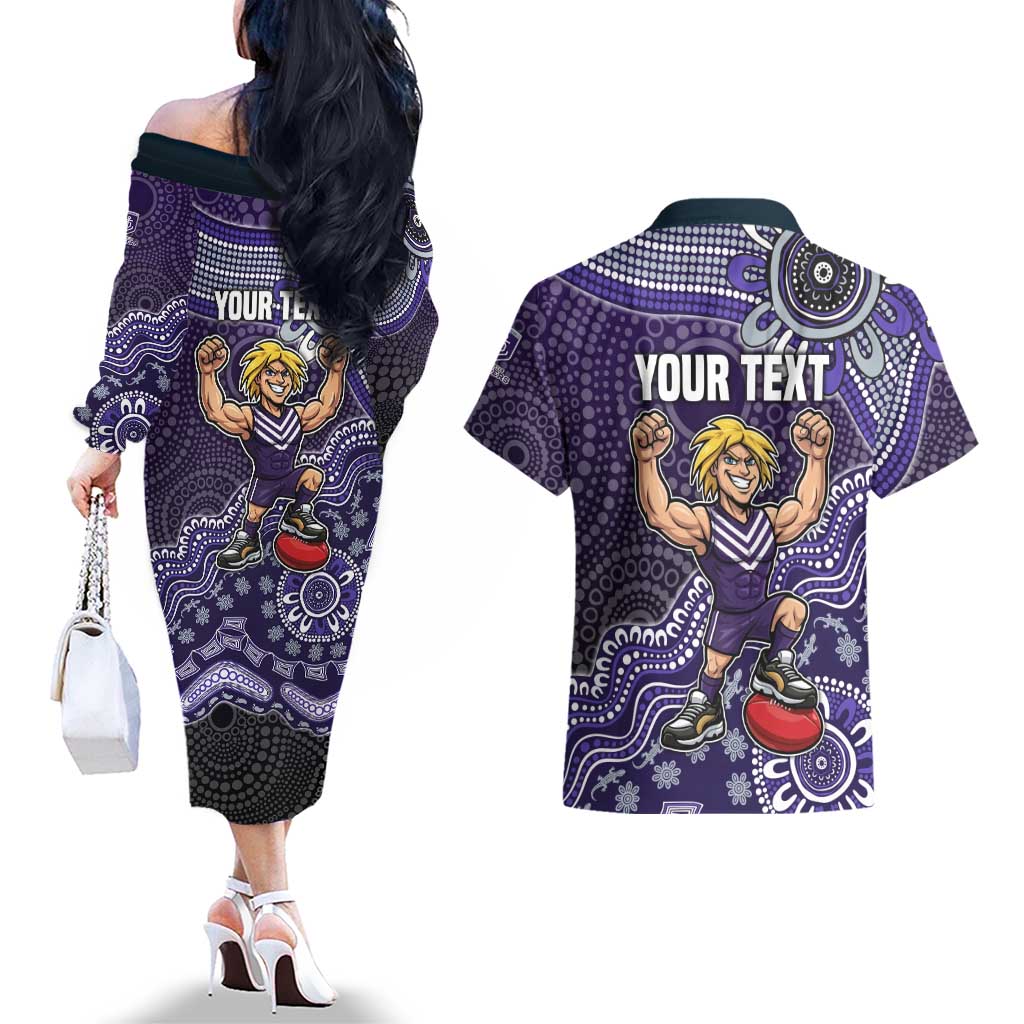 Personalized Freo Football Mascot Couples Matching Off The Shoulder Long Sleeve Dress and Hawaiian Shirt Aboriginal Dot Art Style Vibrant Indigenous Pattern Design