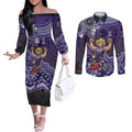 Personalized Freo Football Mascot Couples Matching Off The Shoulder Long Sleeve Dress and Long Sleeve Button Shirt Aboriginal Dot Art Style Vibrant Indigenous Pattern Design