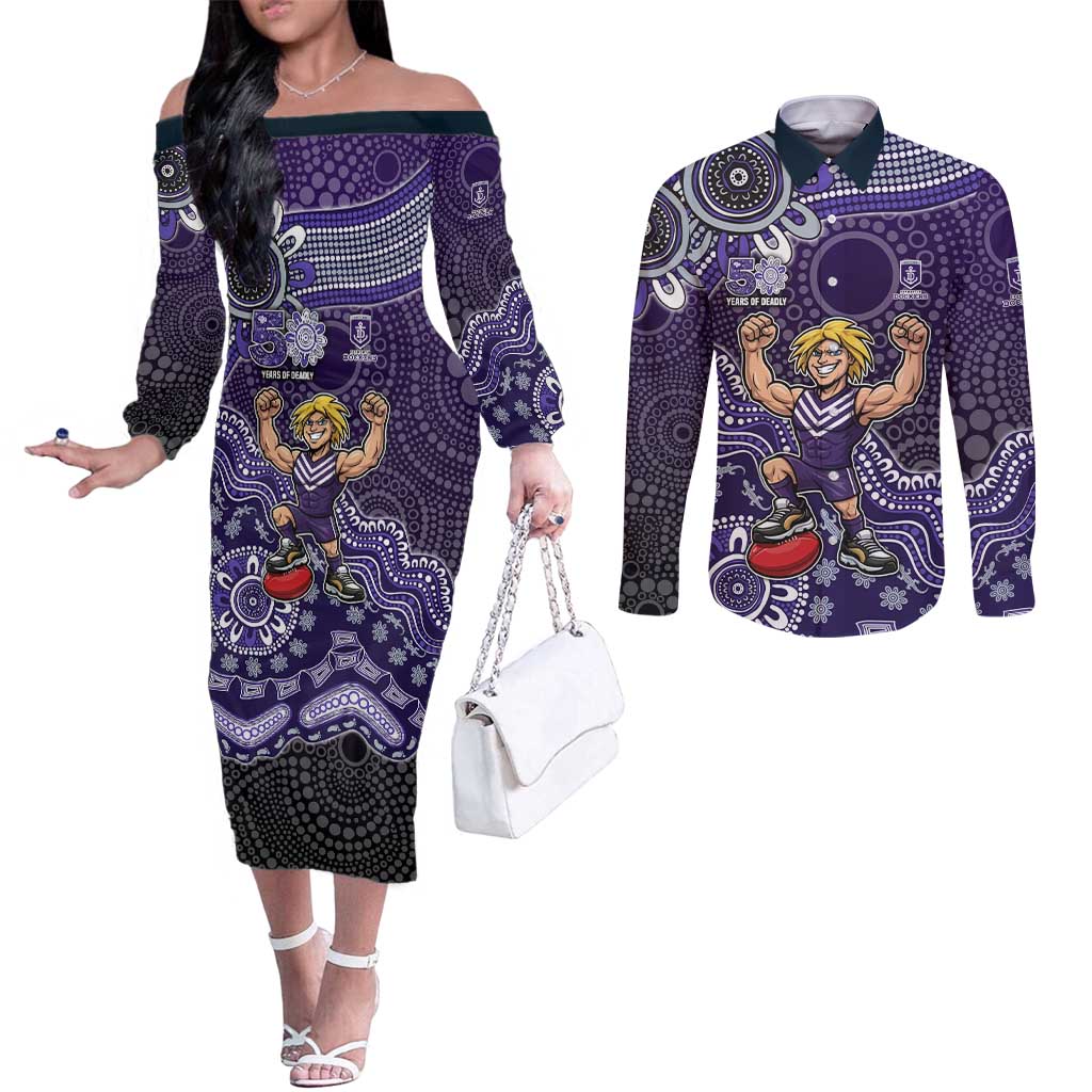 Personalized Freo Football Mascot Couples Matching Off The Shoulder Long Sleeve Dress and Long Sleeve Button Shirt Aboriginal Dot Art Style Vibrant Indigenous Pattern Design
