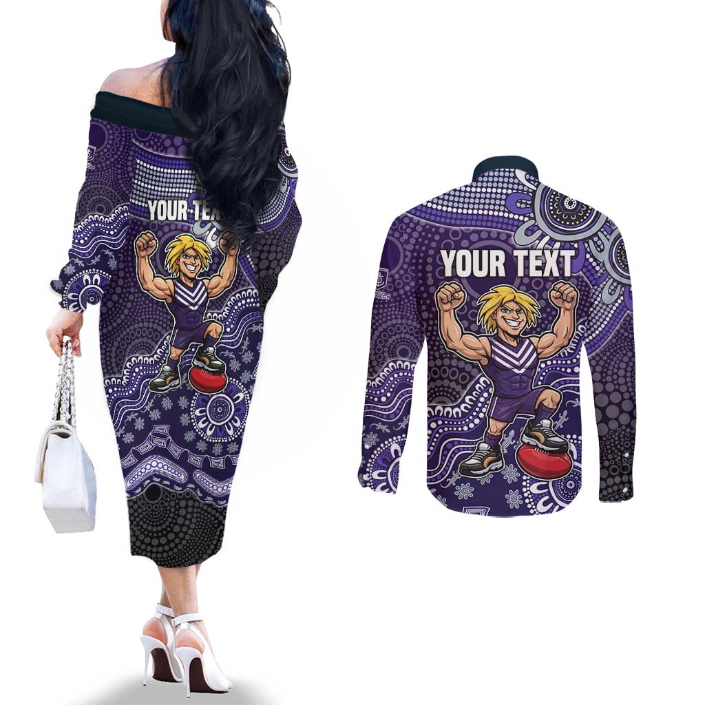 Personalized Freo Football Mascot Couples Matching Off The Shoulder Long Sleeve Dress and Long Sleeve Button Shirt Aboriginal Dot Art Style Vibrant Indigenous Pattern Design