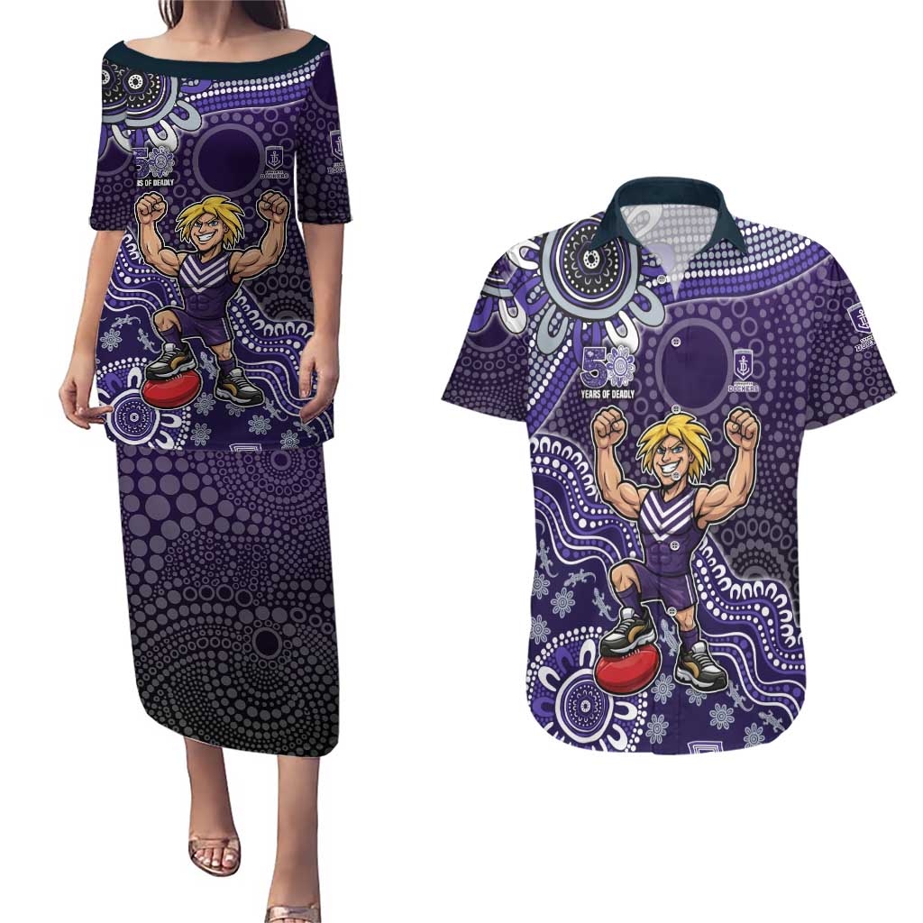 Personalized Freo Football Mascot Couples Matching Puletasi and Hawaiian Shirt Aboriginal Dot Art Style Vibrant Indigenous Pattern Design
