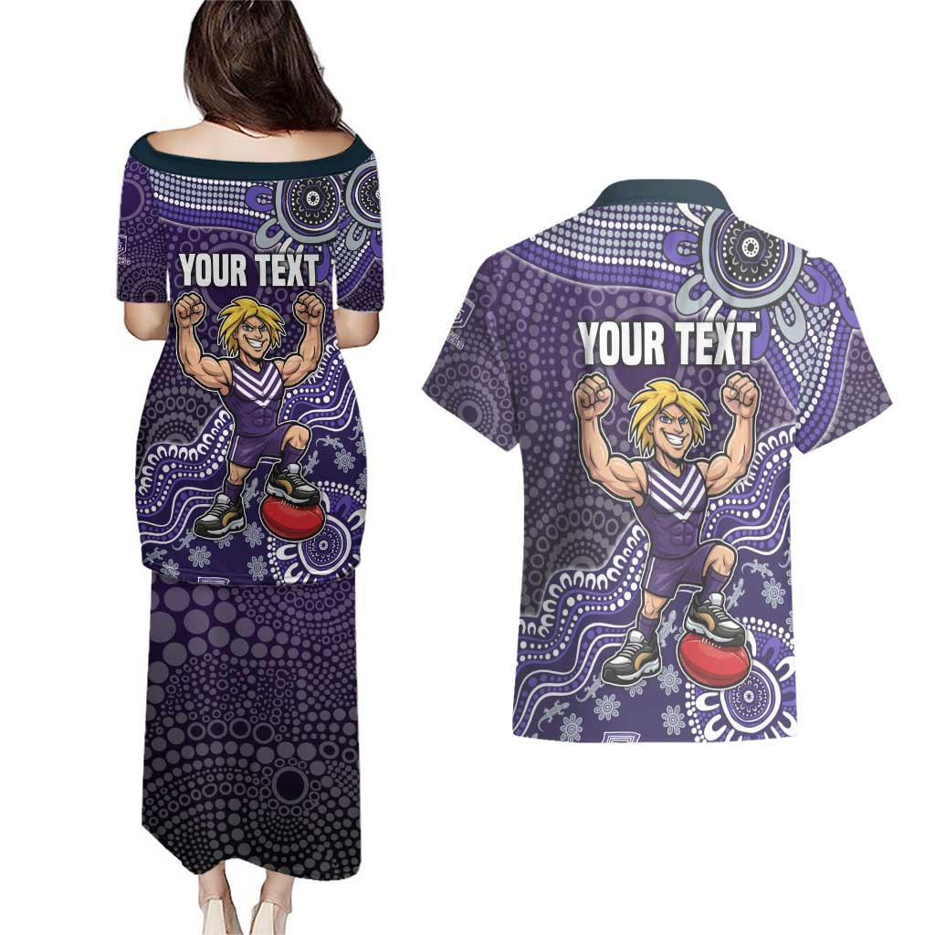 Personalized Freo Football Mascot Couples Matching Puletasi and Hawaiian Shirt Aboriginal Dot Art Style Vibrant Indigenous Pattern Design