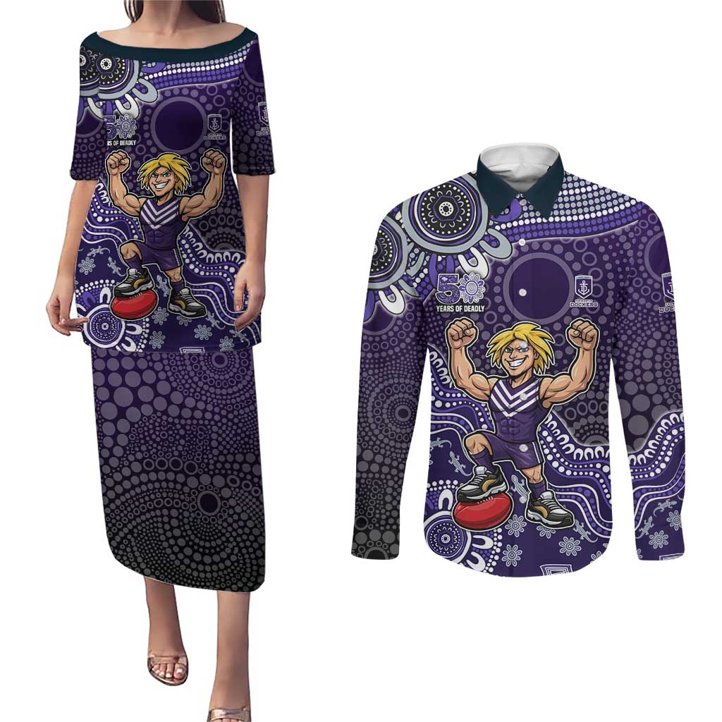 Personalized Freo Football Mascot Couples Matching Puletasi and Long Sleeve Button Shirt Aboriginal Dot Art Style Vibrant Indigenous Pattern Design