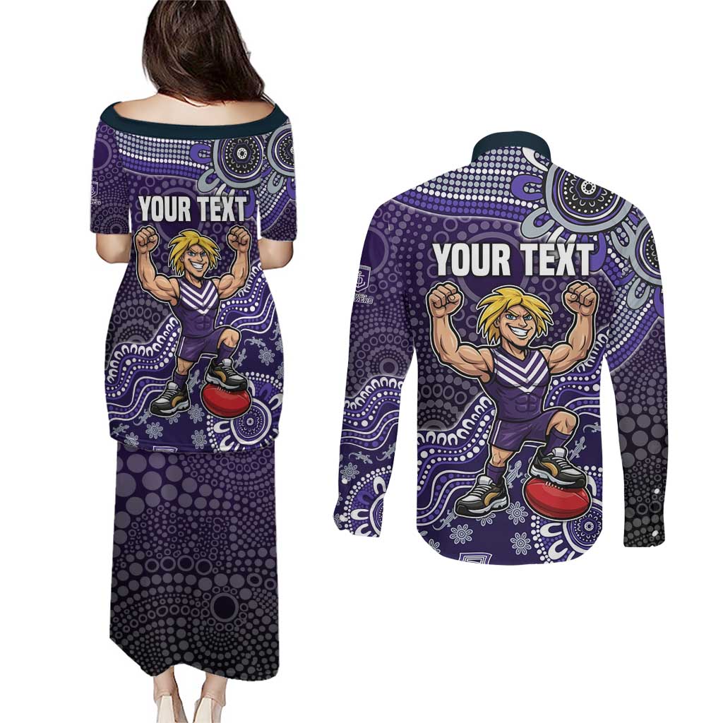 Personalized Freo Football Mascot Couples Matching Puletasi and Long Sleeve Button Shirt Aboriginal Dot Art Style Vibrant Indigenous Pattern Design