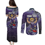 Personalized Freo Football Mascot Couples Matching Puletasi and Long Sleeve Button Shirt Aboriginal Dot Art Style Vibrant Indigenous Pattern Design