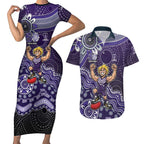 Personalized Freo Football Mascot Couples Matching Short Sleeve Bodycon Dress and Hawaiian Shirt Aboriginal Dot Art Style Vibrant Indigenous Pattern Design