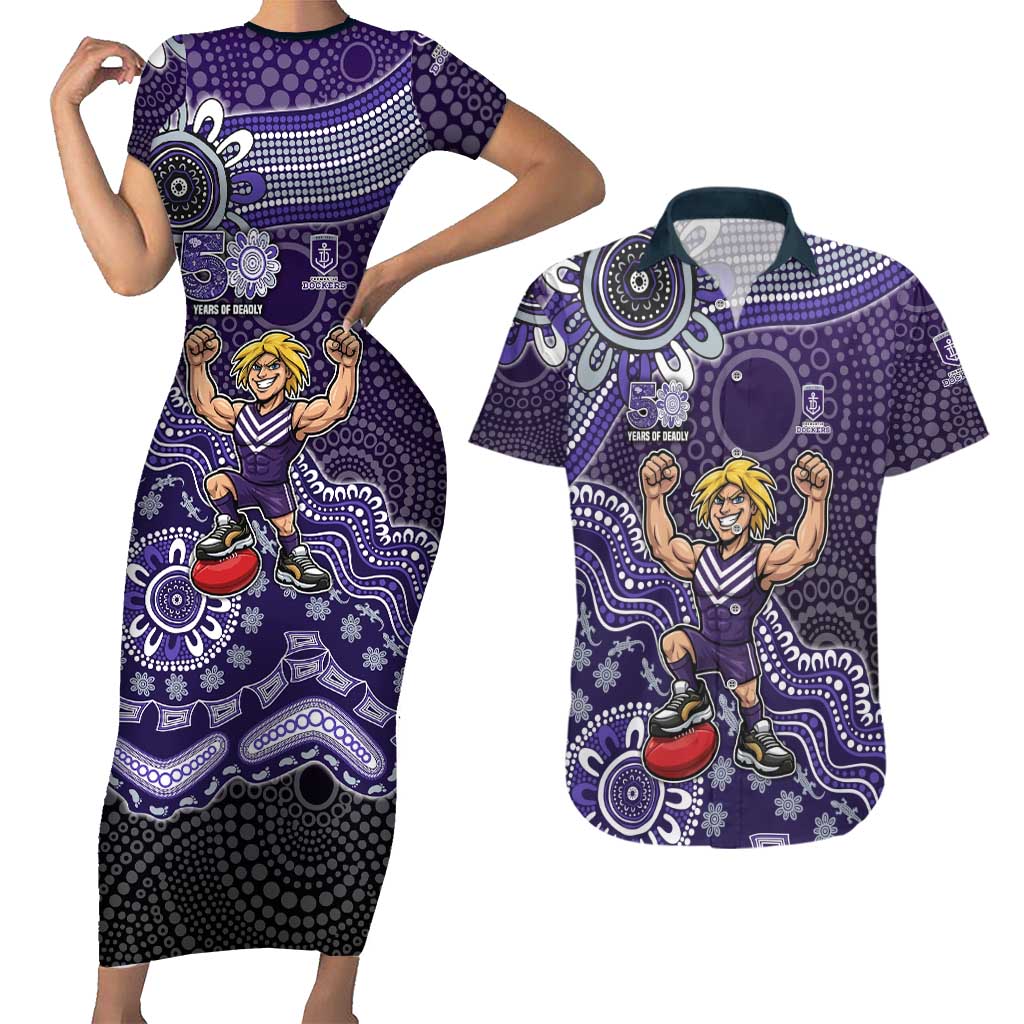 Personalized Freo Football Mascot Couples Matching Short Sleeve Bodycon Dress and Hawaiian Shirt Aboriginal Dot Art Style Vibrant Indigenous Pattern Design