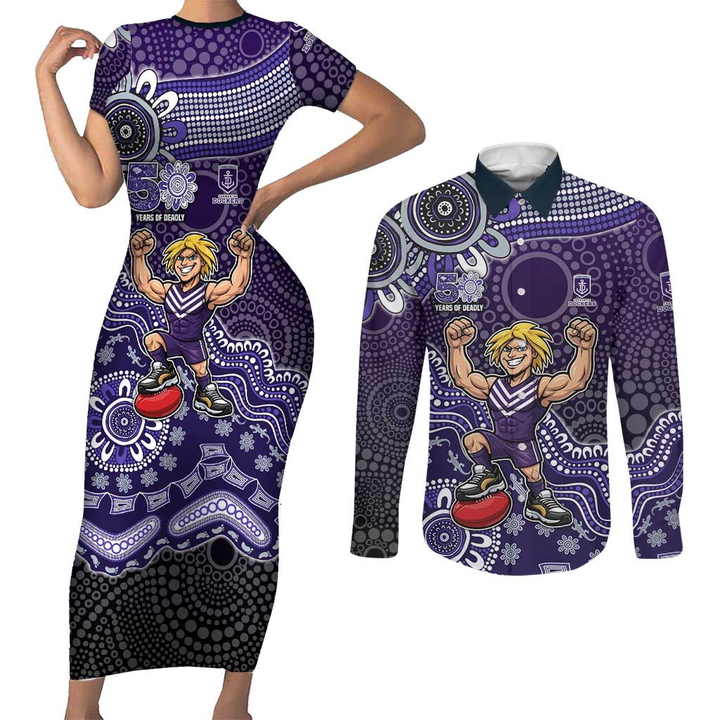 Personalized Freo Football Mascot Couples Matching Short Sleeve Bodycon Dress and Long Sleeve Button Shirt Aboriginal Dot Art Style Vibrant Indigenous Pattern Design