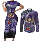 Personalized Freo Football Mascot Couples Matching Short Sleeve Bodycon Dress and Long Sleeve Button Shirt Aboriginal Dot Art Style Vibrant Indigenous Pattern Design