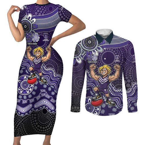Personalized Freo Football Mascot Couples Matching Short Sleeve Bodycon Dress and Long Sleeve Button Shirt Aboriginal Dot Art Style Vibrant Indigenous Pattern Design