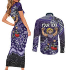 Personalized Freo Football Mascot Couples Matching Short Sleeve Bodycon Dress and Long Sleeve Button Shirt Aboriginal Dot Art Style Vibrant Indigenous Pattern Design