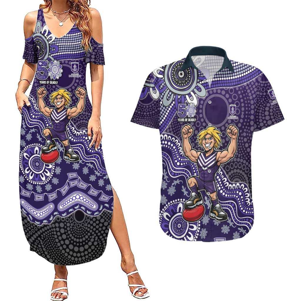 Personalized Freo Football Mascot Couples Matching Summer Maxi Dress and Hawaiian Shirt Aboriginal Dot Art Style Vibrant Indigenous Pattern Design