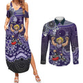 Personalized Freo Football Mascot Couples Matching Summer Maxi Dress and Long Sleeve Button Shirt Aboriginal Dot Art Style Vibrant Indigenous Pattern Design