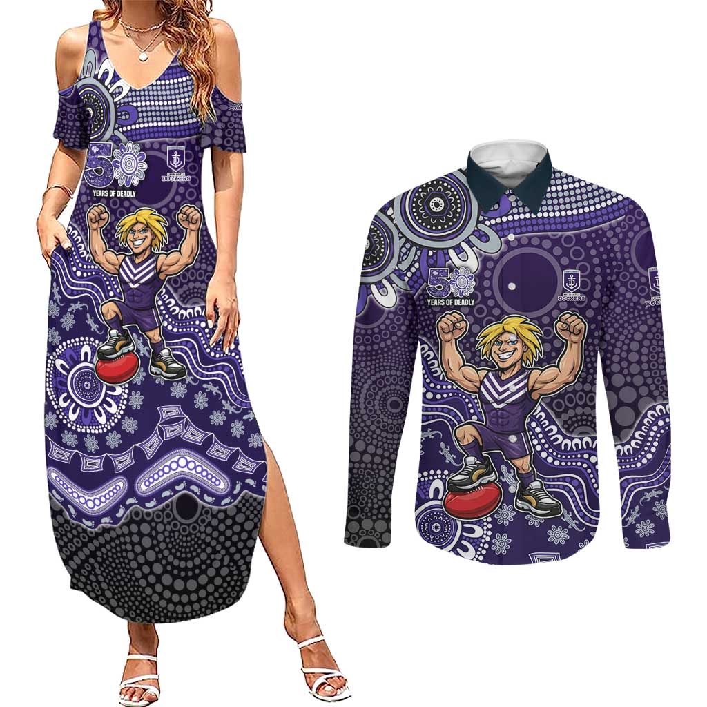 Personalized Freo Football Mascot Couples Matching Summer Maxi Dress and Long Sleeve Button Shirt Aboriginal Dot Art Style Vibrant Indigenous Pattern Design