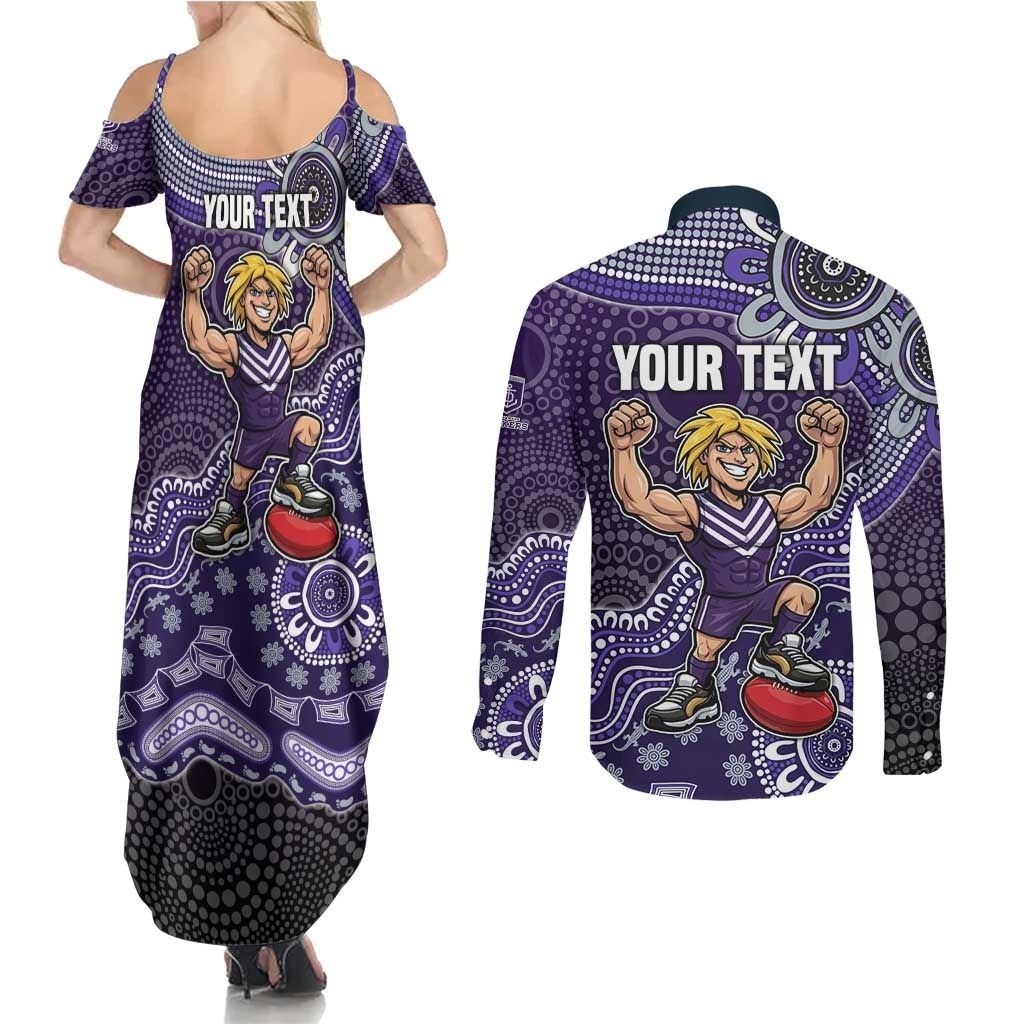 Personalized Freo Football Mascot Couples Matching Summer Maxi Dress and Long Sleeve Button Shirt Aboriginal Dot Art Style Vibrant Indigenous Pattern Design