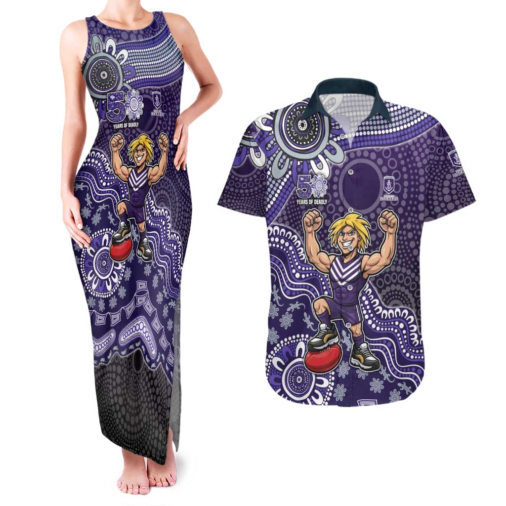Personalized Freo Football Mascot Couples Matching Tank Maxi Dress and Hawaiian Shirt Aboriginal Dot Art Style Vibrant Indigenous Pattern Design