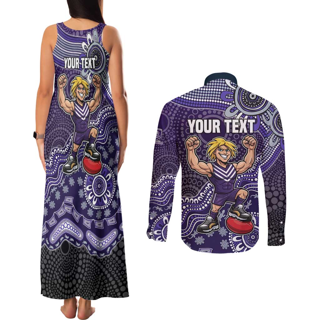 Personalized Freo Football Mascot Couples Matching Tank Maxi Dress and Long Sleeve Button Shirt Aboriginal Dot Art Style Vibrant Indigenous Pattern Design