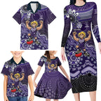 Personalized Freo Football Mascot Family Matching Long Sleeve Bodycon Dress and Hawaiian Shirt Aboriginal Dot Art Style Vibrant Indigenous Pattern Design