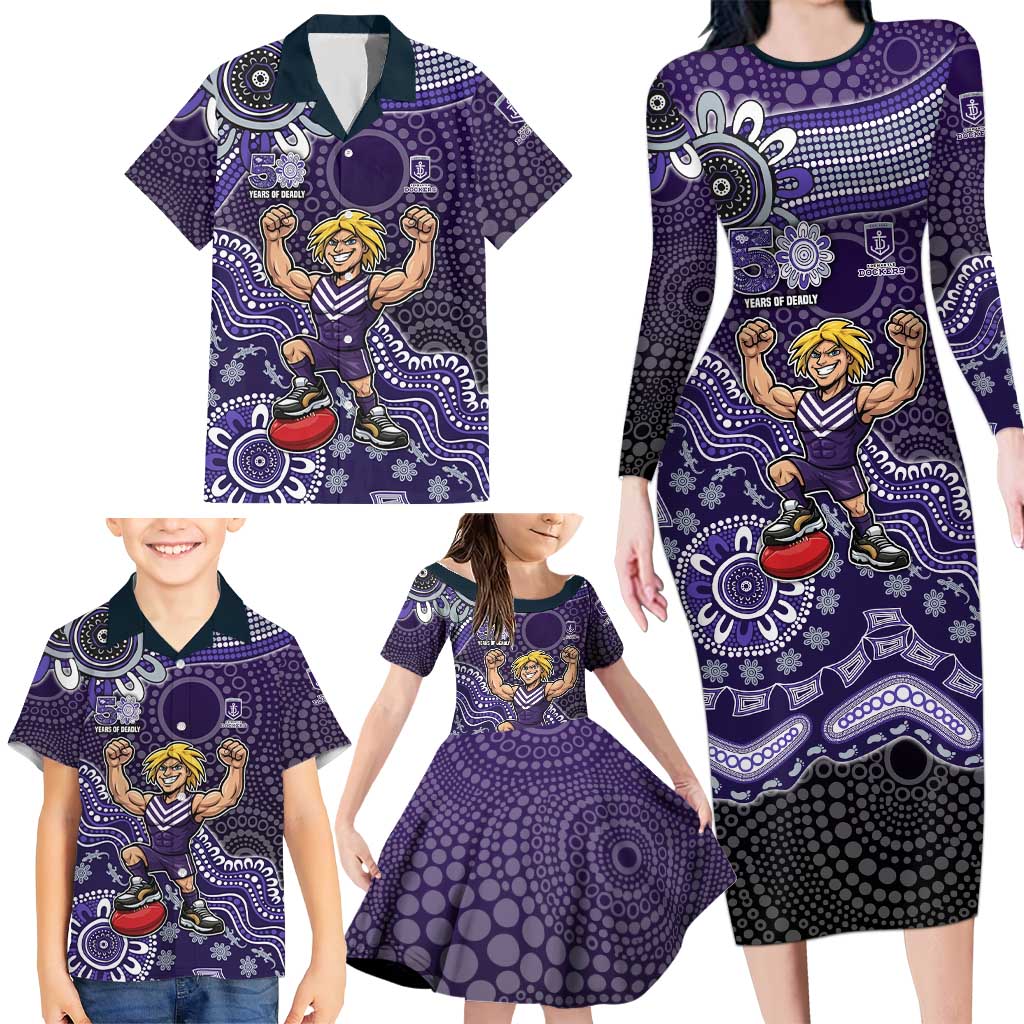 Personalized Freo Football Mascot Family Matching Long Sleeve Bodycon Dress and Hawaiian Shirt Aboriginal Dot Art Style Vibrant Indigenous Pattern Design