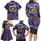 Personalized Freo Football Mascot Family Matching Long Sleeve Bodycon Dress and Hawaiian Shirt Aboriginal Dot Art Style Vibrant Indigenous Pattern Design
