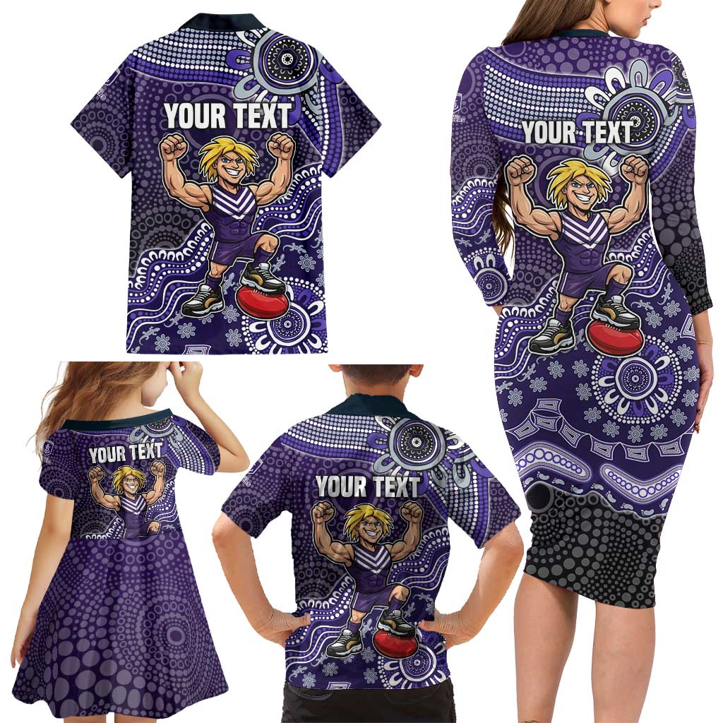 Personalized Freo Football Mascot Family Matching Long Sleeve Bodycon Dress and Hawaiian Shirt Aboriginal Dot Art Style Vibrant Indigenous Pattern Design
