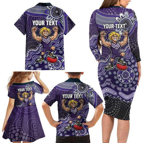 Personalized Freo Football Mascot Family Matching Long Sleeve Bodycon Dress and Hawaiian Shirt Aboriginal Dot Art Style Vibrant Indigenous Pattern Design