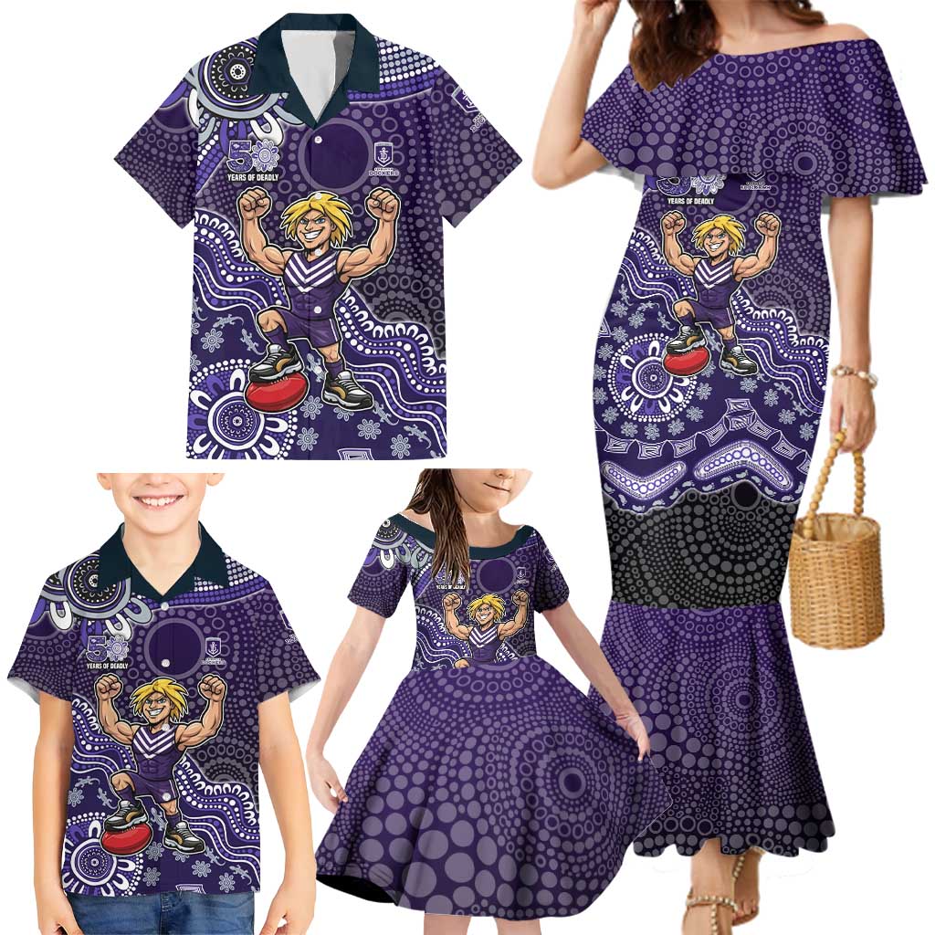Personalized Freo Football Mascot Family Matching Mermaid Dress and Hawaiian Shirt Aboriginal Dot Art Style Vibrant Indigenous Pattern Design
