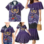 Personalized Freo Football Mascot Family Matching Mermaid Dress and Hawaiian Shirt Aboriginal Dot Art Style Vibrant Indigenous Pattern Design