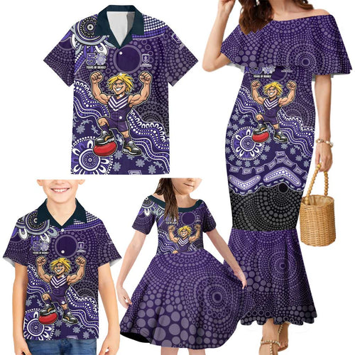 Personalized Freo Football Mascot Family Matching Mermaid Dress and Hawaiian Shirt Aboriginal Dot Art Style Vibrant Indigenous Pattern Design