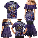 Personalized Freo Football Mascot Family Matching Mermaid Dress and Hawaiian Shirt Aboriginal Dot Art Style Vibrant Indigenous Pattern Design