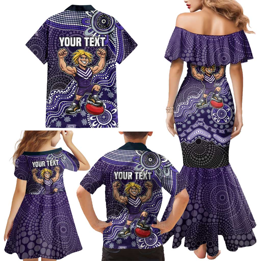 Personalized Freo Football Mascot Family Matching Mermaid Dress and Hawaiian Shirt Aboriginal Dot Art Style Vibrant Indigenous Pattern Design