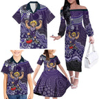 Personalized Freo Football Mascot Family Matching Off The Shoulder Long Sleeve Dress and Hawaiian Shirt Aboriginal Dot Art Style Vibrant Indigenous Pattern Design