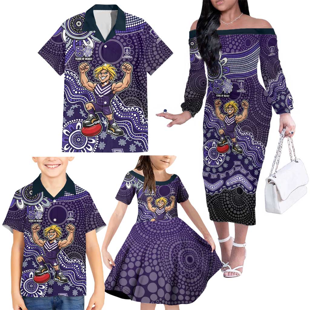Personalized Freo Football Mascot Family Matching Off The Shoulder Long Sleeve Dress and Hawaiian Shirt Aboriginal Dot Art Style Vibrant Indigenous Pattern Design
