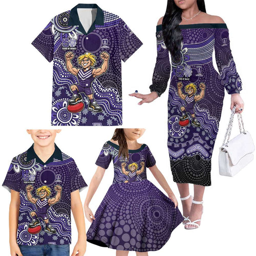 Personalized Freo Football Mascot Family Matching Off The Shoulder Long Sleeve Dress and Hawaiian Shirt Aboriginal Dot Art Style Vibrant Indigenous Pattern Design