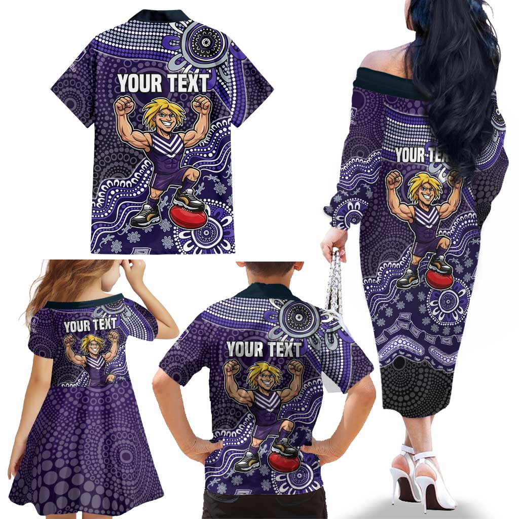Personalized Freo Football Mascot Family Matching Off The Shoulder Long Sleeve Dress and Hawaiian Shirt Aboriginal Dot Art Style Vibrant Indigenous Pattern Design