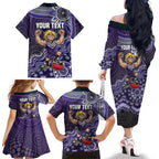 Personalized Freo Football Mascot Family Matching Off The Shoulder Long Sleeve Dress and Hawaiian Shirt Aboriginal Dot Art Style Vibrant Indigenous Pattern Design