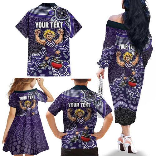 Personalized Freo Football Mascot Family Matching Off The Shoulder Long Sleeve Dress and Hawaiian Shirt Aboriginal Dot Art Style Vibrant Indigenous Pattern Design