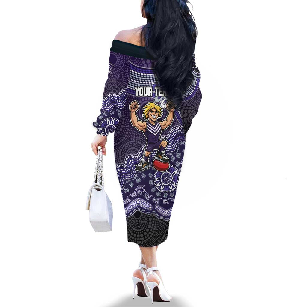 Personalized Freo Football Mascot Family Matching Off The Shoulder Long Sleeve Dress and Hawaiian Shirt Aboriginal Dot Art Style Vibrant Indigenous Pattern Design