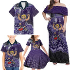 Personalized Freo Football Mascot Family Matching Off Shoulder Maxi Dress and Hawaiian Shirt Aboriginal Dot Art Style Vibrant Indigenous Pattern Design